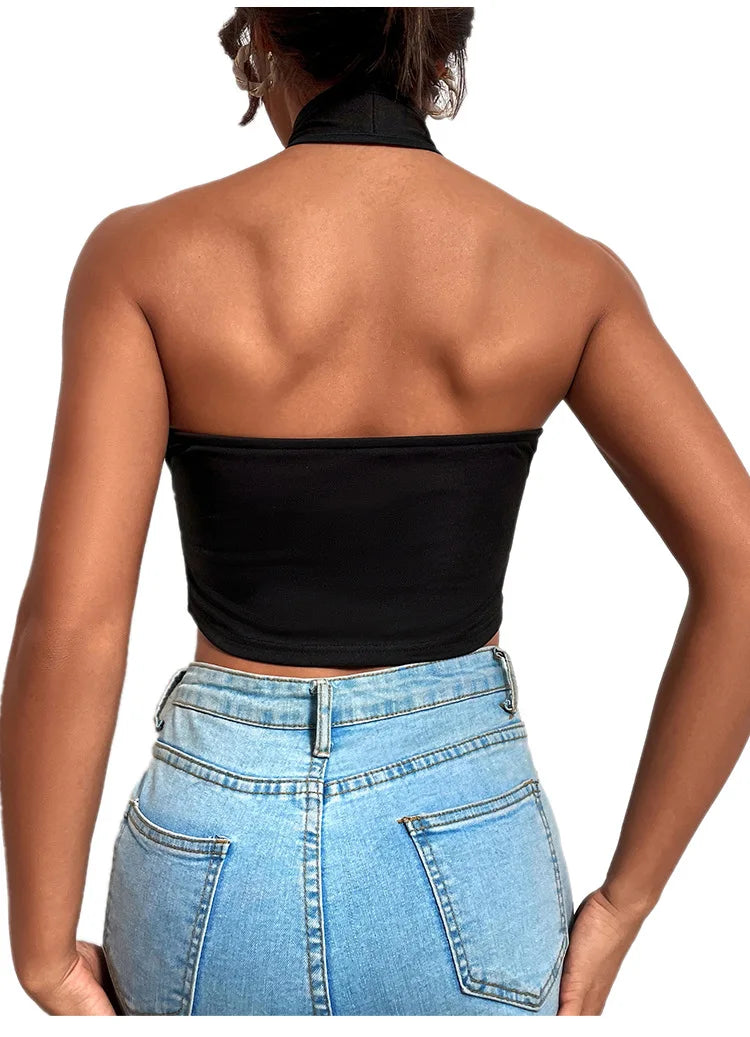 Top Crop Halter Sem Mangas em Bandagem Cruzada Sexy com Ombros à Mostra para Mulheres