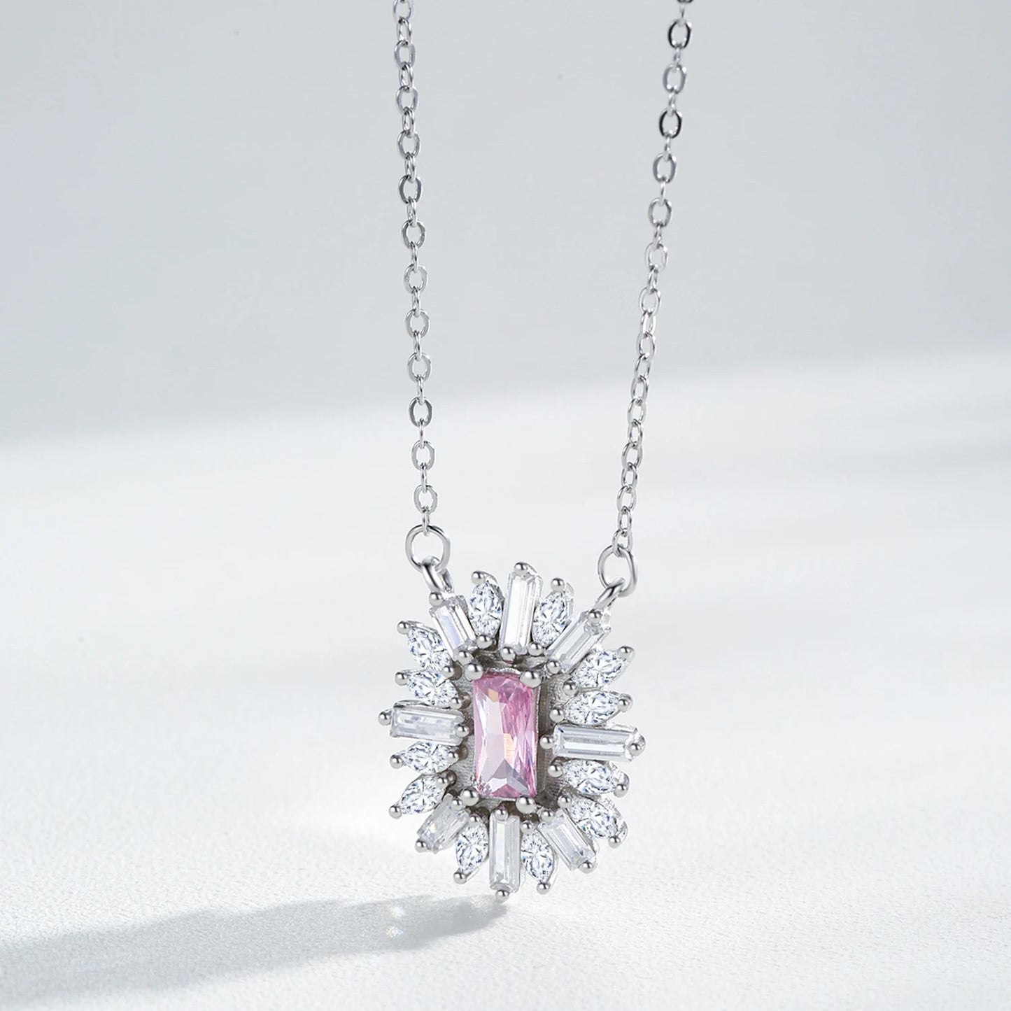 Conjunto de Jóias Românticas para Casamento Ailmay Luxuoso Colar e Brincos de Prata Esterlina 925 com Girassol Rosa Retangular para Mulheres