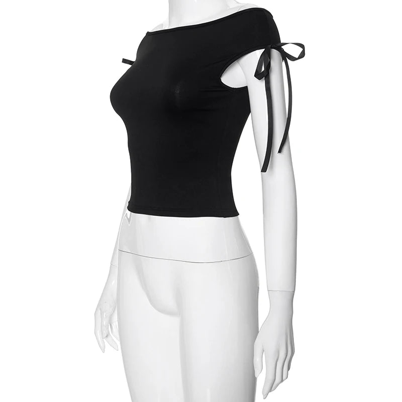 CUTENOVA 2024 Verão Tops Sem Manga Sexy Ombro à Exposição com Cores Sólidas Lace Up T-Shirt Casual Slim Crop Top Preto Manga Curta Feminino