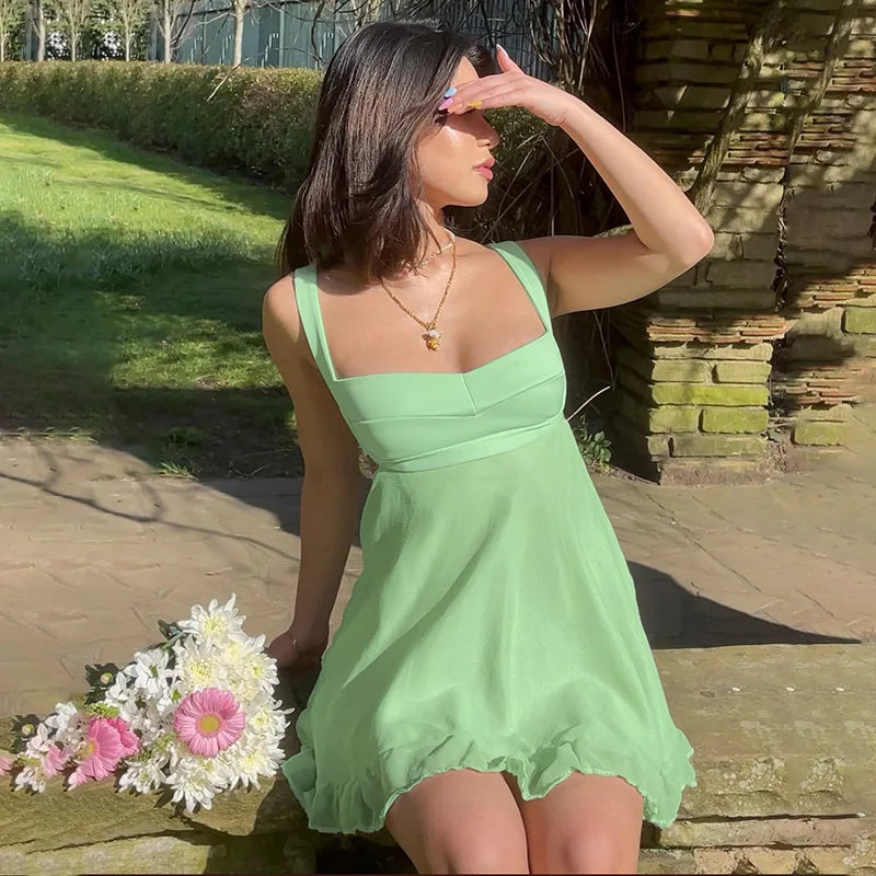 Vestidos Elegantes Para Mulher em Cor Sólida, Vestido Cortado Slim com Alças, Vestido Sexy Costas Nua com Babados para Feminino