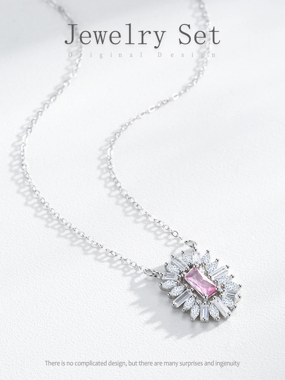 Conjunto de Jóias Românticas para Casamento Ailmay Luxuoso Colar e Brincos de Prata Esterlina 925 com Girassol Rosa Retangular para Mulheres