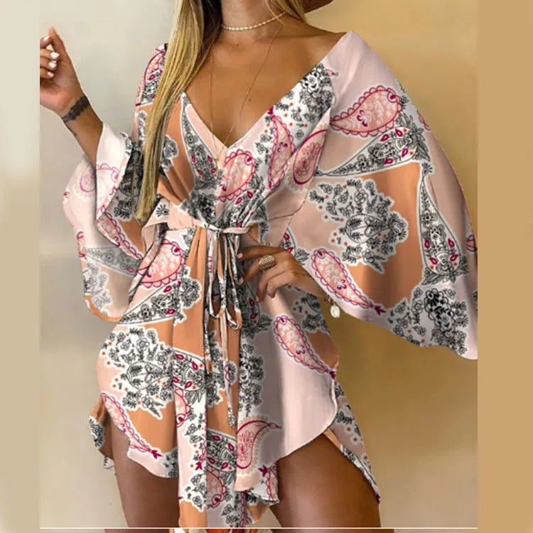 Vestido Estampado Feminino Sexy Com Decote em V, Manga Bat, Renda e Estampa de Flores, Vestido Boêmio de Praia, Vestido Mini Solto para Verão e Férias