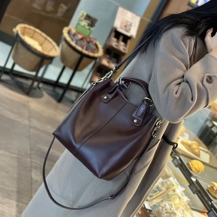 Genuine Leather Women's Tote Bag 2025 New Woman Shoulder Bags Fashion Cowhide Crossbody Bucket Bag Female Handbags 9258