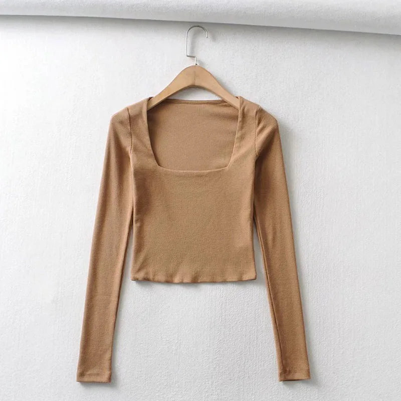 Blusa cropped de decote quadrado com mangas longas e textura canelada para mulheres