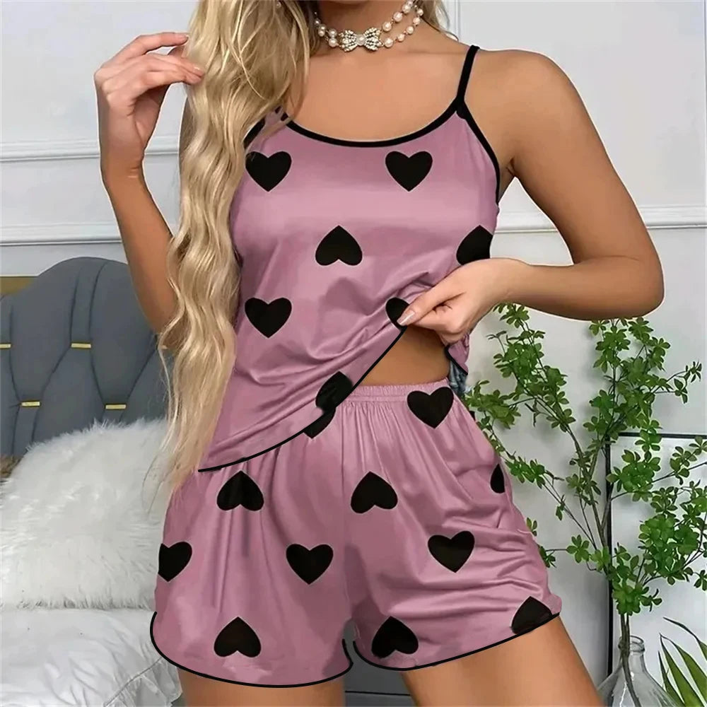 Conjunto de Pijamas Femininos Camisetas Shorts Impressão em Forma de Coração T-Shirt de Decote Redondo Top de Seda Gelada Confortável Casual de Verão