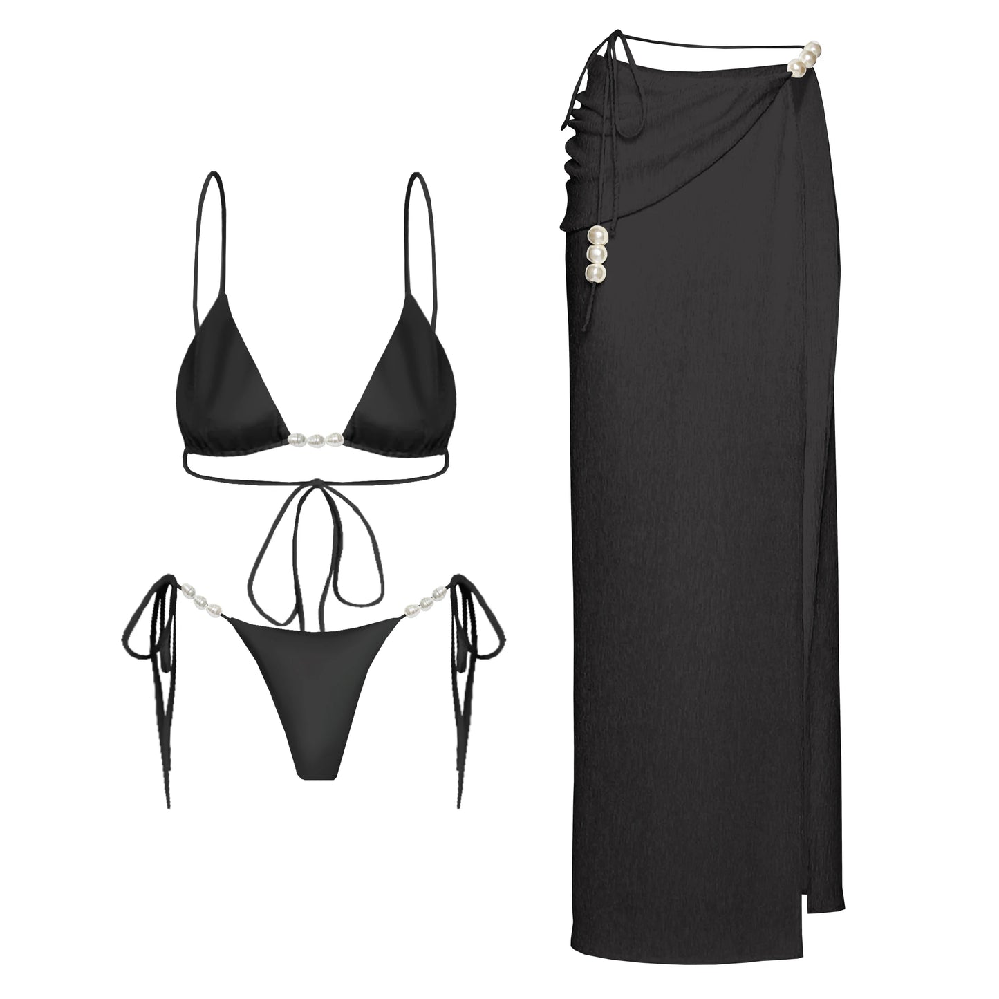 Conjunto de Biquíni Sexy com 3 Peças e Capa, Biquíni Branco com Pérolas, Maiô Feminino Halter, Roupa de Banho com Ombros Descidos, Biquíni para Praia