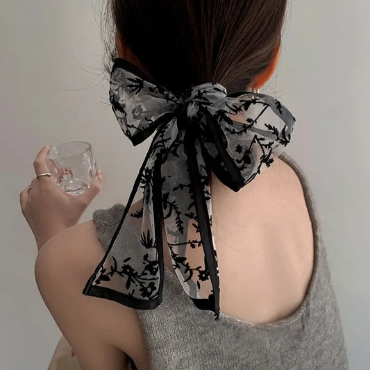 Lenço de Cabelo de Renda Retro Lystrfac Moda Francesa para Mulheres, Faixa de Cabelo com Bordado Preto, Laço Longo, Acessórios Vintage para Cabelo
