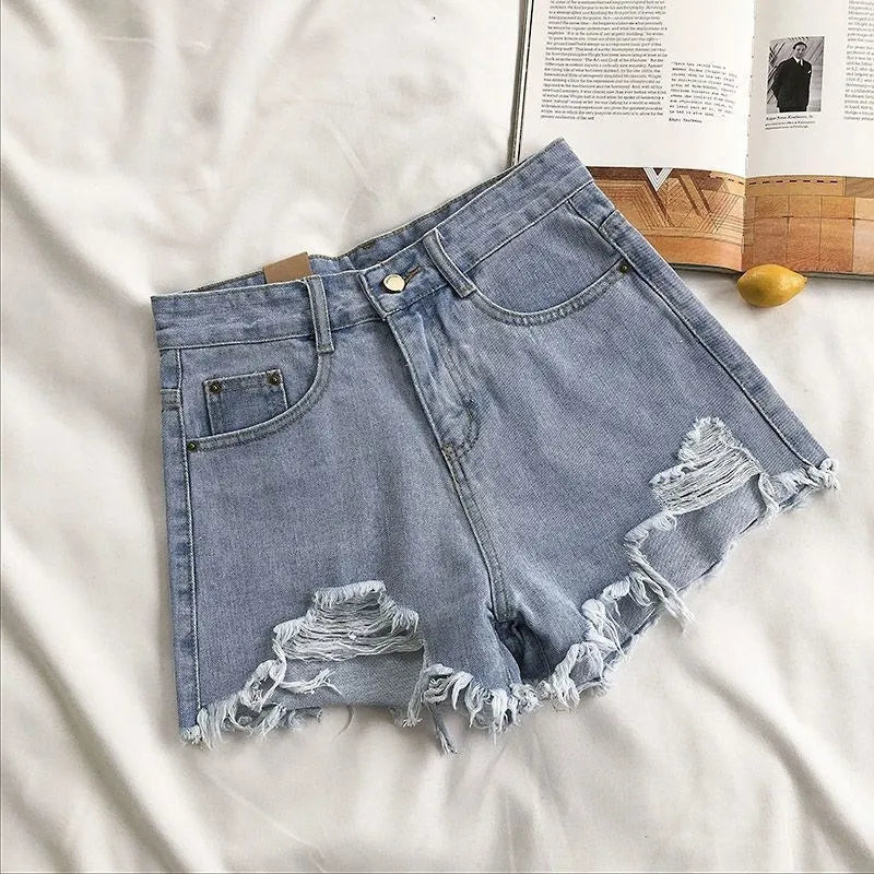Shorts de Jeans Femininos em Denim Coreano Moda de Verão Casual Cintura Alta Jeans Rasgado com Bolso Tassel Y2K Hot Pants Streetwear Calças Azuis
