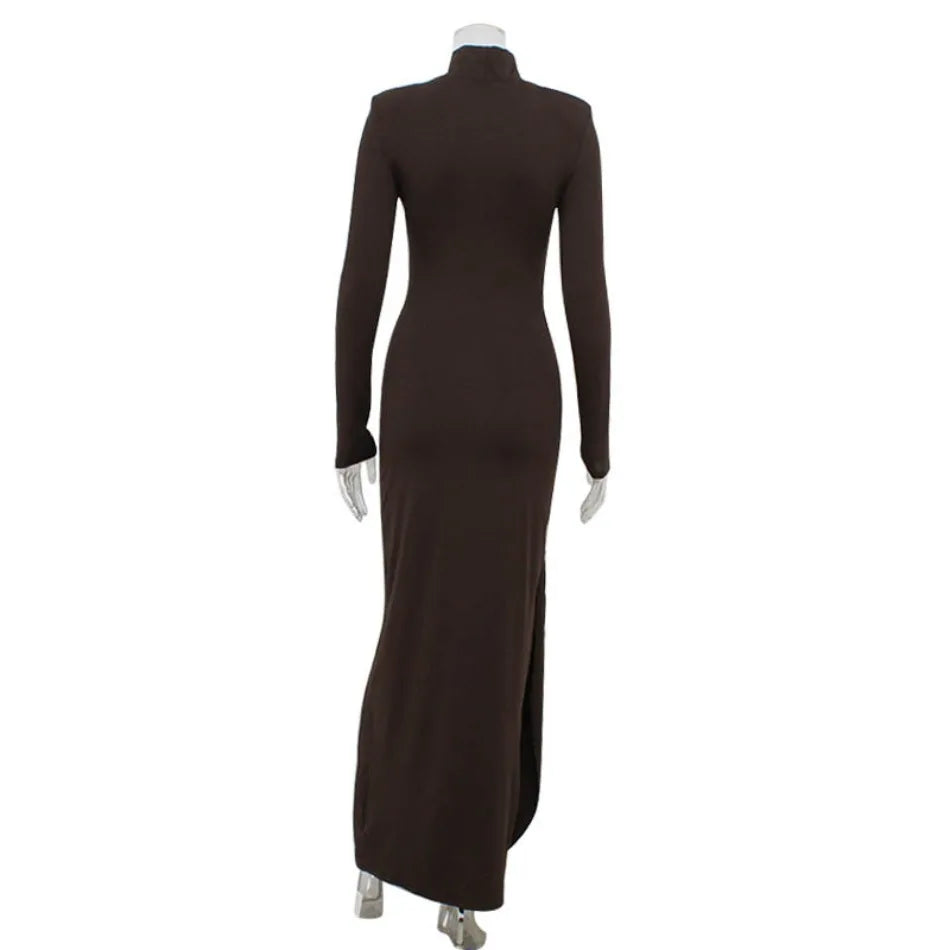 Vestidos Femininos Moda Outono e Inverno Vestido Sólido de Cor com Gola Alta, Manga Longa e Cinto na Cintura, Longo para Festas