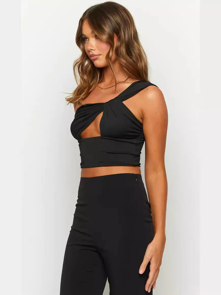 Blusa Curta da Mulher Sexy com Um Ombro Justa e Costas Abertas, Edição Nova 2024 para Balada