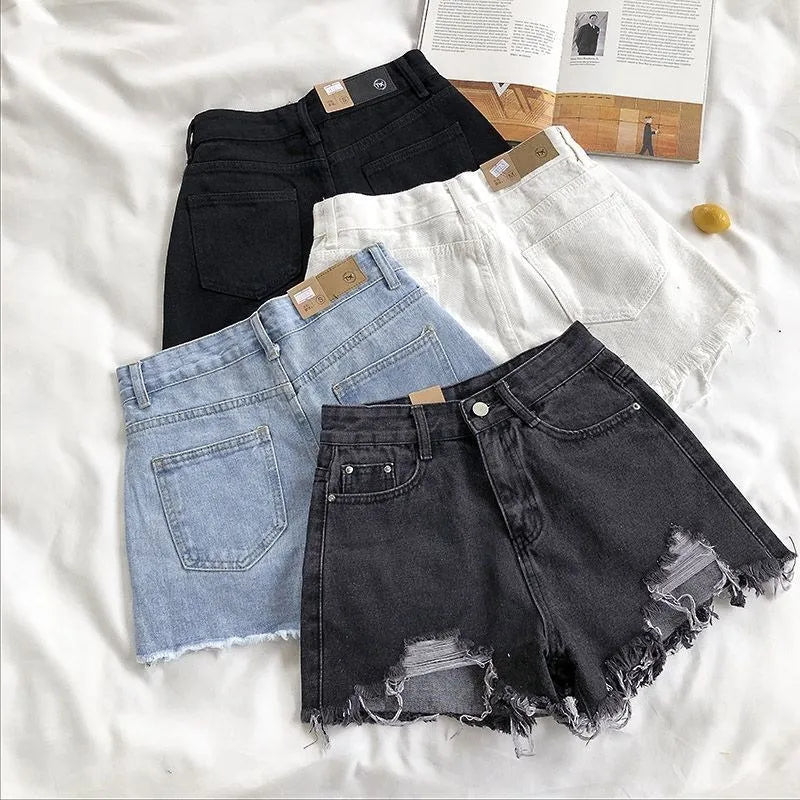 Shorts de Jeans Femininos em Denim Coreano Moda de Verão Casual Cintura Alta Jeans Rasgado com Bolso Tassel Y2K Hot Pants Streetwear Calças Azuis