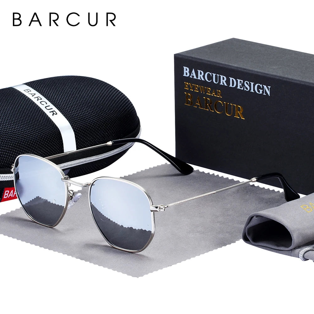 Óculos de Sol BARCUR Clássicos Retro Refletivos para Homens, Óculos de Sol Hexagonais com Armação de Metal, Óculos de Sol com Caixa.