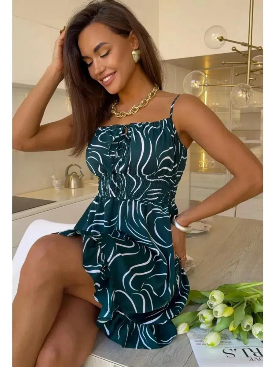 Novo Vestido Feminino de Verão Estampado com Amarração, Vestidos Sem Manga, Vestidos Florais, Vestidos Casuais, Vestidos Elegantes, Roupas Femininas 2025