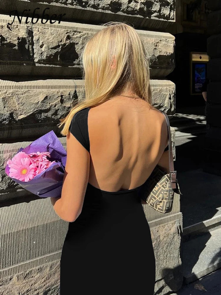 Vestido Maxi Nibber Sólido Sexy Sem Costas para Mulheres - Elegante, Elástico, Slim, Manga Curta, Vestidos Longos, Bodycon Feminino, Roupas de Streetwear