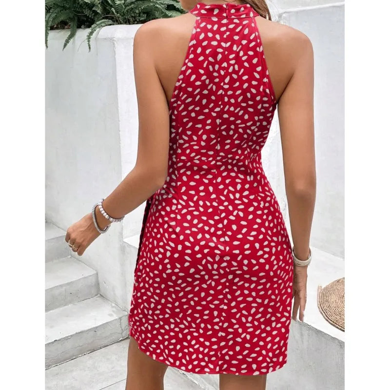 Vestido Curto Floral Plissado Sem Mangas com Zíper e Alças de Ombro - Vestido Mini Sexy com Lace-Up
