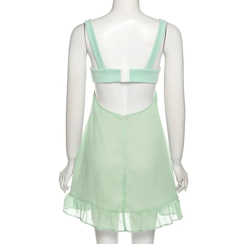 Vestidos Elegantes Para Mulher em Cor Sólida, Vestido Cortado Slim com Alças, Vestido Sexy Costas Nua com Babados para Feminino