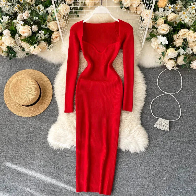 Vestidos para mulheres 2026 vestido justo sem alças em tricô canelado sexy, vestido de suéter midi de manga longa para o inverno