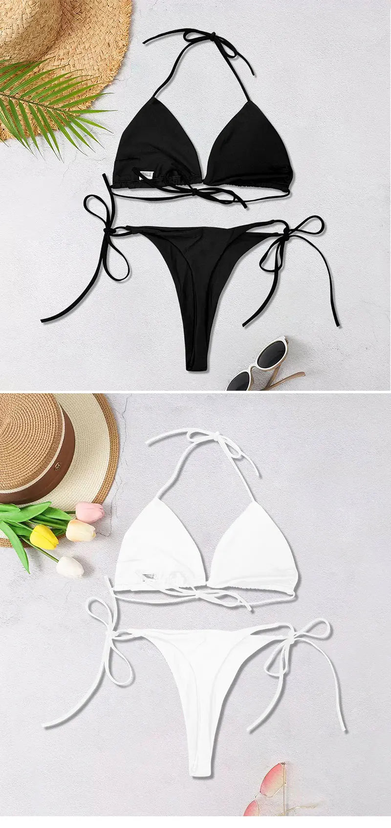Maiô de praia feminino sólido 2025, em cores lisas, sexy, estilo halter, biquíni três peças, costas nuas, com ajuste e laço.