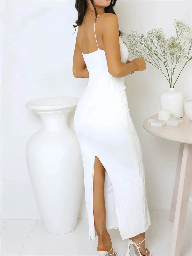 Vestido Longo Sexy para Mulheres, Justo, Sem Mangas, Liso, de Verão, Festa, com Fenda nas Costas, Roupas de Balada Feminina