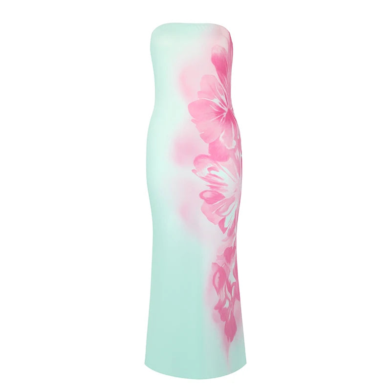 Vestidos de Verão Femininos Nova Moda Streetwear Impressão Casual Vestido Maxi Slim Sexy Elegante Feminino Costas Nua Sem Alças Roupas