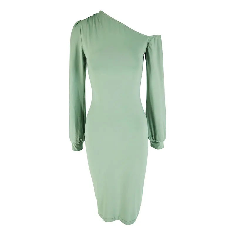 Vestidos Femininos Elegantes para Festa Primavera Sólidos Sexy com Manga Longa Vestido Bodycon Moda Nova Streetwear Vestido Feminino com Gola Diagonal