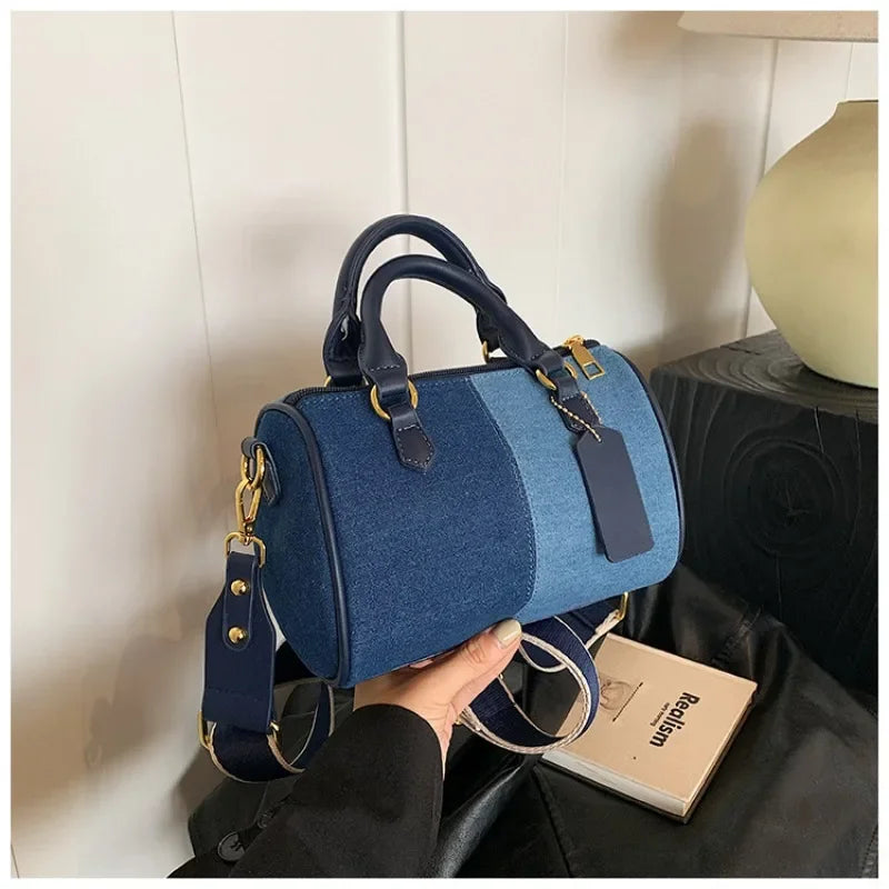 Cross Body Bags Casual Street Small Boston Bag 2025 Designer Purses Patchwork Colorblock Mini Handbags For Women Denim Shoulder