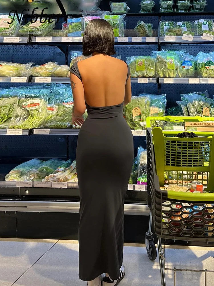 Vestido Maxi Nibber Sólido Sexy Sem Costas para Mulheres - Elegante, Elástico, Slim, Manga Curta, Vestidos Longos, Bodycon Feminino, Roupas de Streetwear