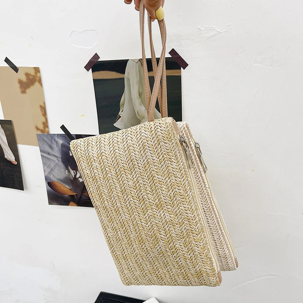 Fashion Women Bohemian Woven Clutch Wristlet Bag Summer Beach Handbags Purse Women Summer Retro Straw Knitted Handbag