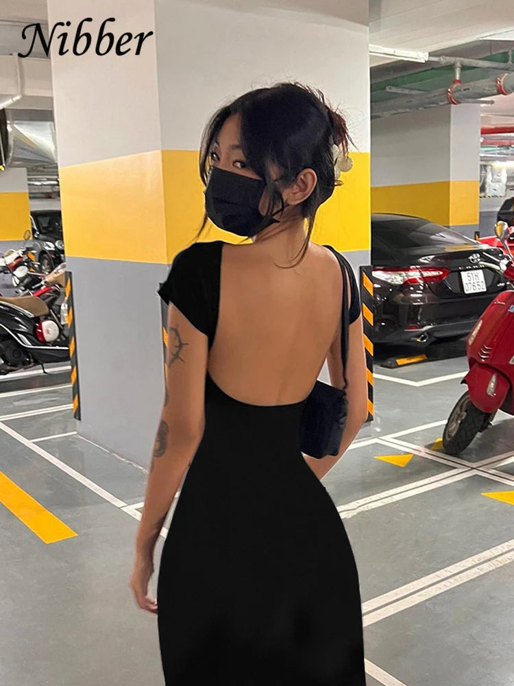 Vestido Maxi Nibber Sólido Sexy Sem Costas para Mulheres - Elegante, Elástico, Slim, Manga Curta, Vestidos Longos, Bodycon Feminino, Roupas de Streetwear
