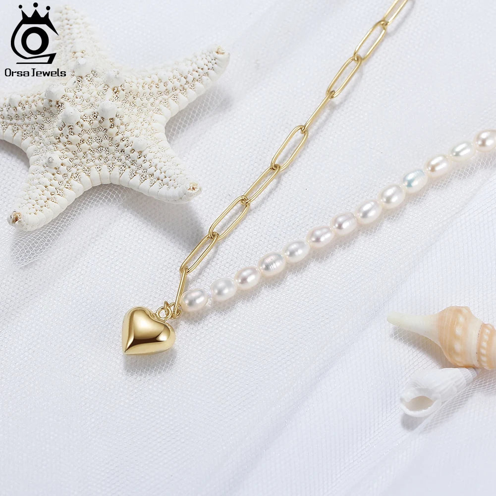 COLAR DE PEROLA NATURAL COM CORAÇÃO DE PENDENTE EM ELOS MEIA PAPERCLIP DE OURO 14K ORSA JEWELS PARA MULHERES E MENINAS GPN33