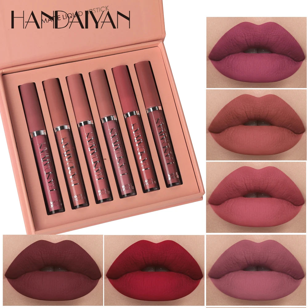 Conjunto HANDAIYAN com 6 Batons Líquidos Não Grudentos, Caixa de Presente de Brilho Labial de Longa Duração – Brilho Labial com Acabamento Fosco, Resistente ao Desgaste