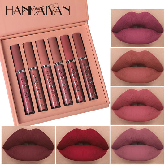 Conjunto HANDAIYAN com 6 Batons Líquidos Não Grudentos, Caixa de Presente de Brilho Labial de Longa Duração – Brilho Labial com Acabamento Fosco, Resistente ao Desgaste