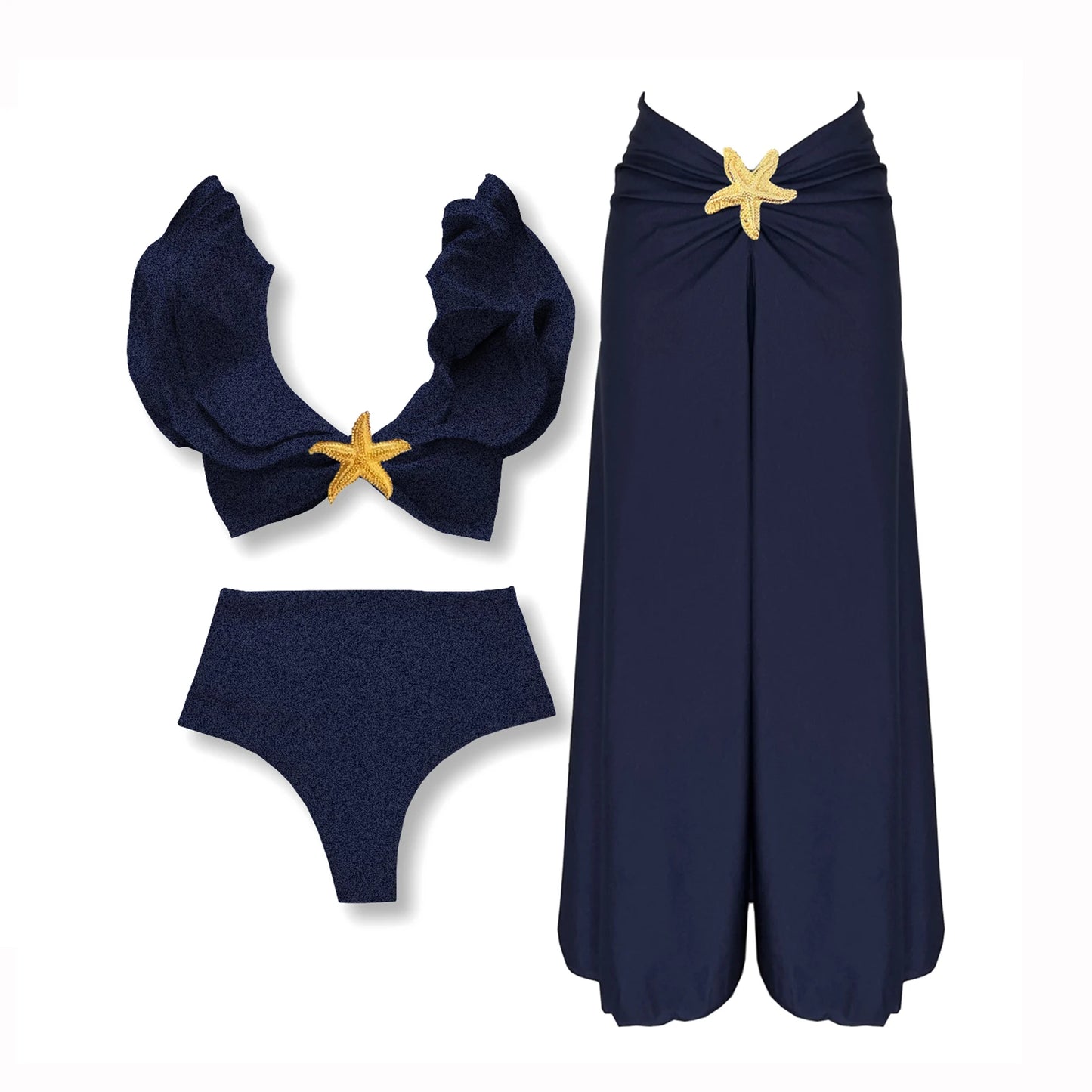 Conjunto de 3 Peças de Biquíni Sexy com Ombros Em Renda Para Mulheres 2025 Traje de Banho Maiô Brilhante Estrela Trajes de Natação Feminino Maiô Praia