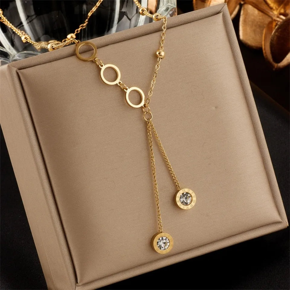Colar de Números Romanos da Nova Tendência para Mulheres, Moda, Cor Dourada, Colares Longos com Pingente de Zirconia, Joias para Meninas
