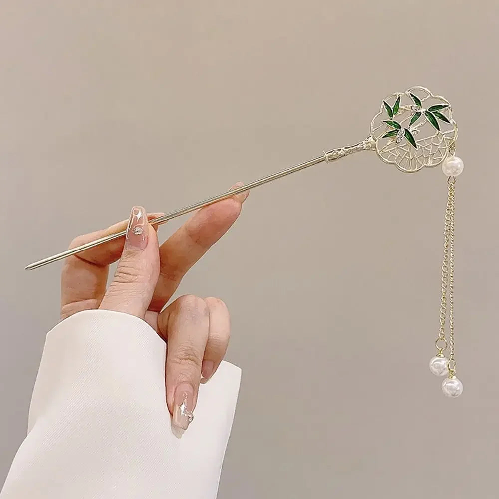 Pinhão de cabelo estilo chinês com hastes de metal, estilo antigo, com franja de orquídea, flor, tassel e acessórios para cabelo feminino.