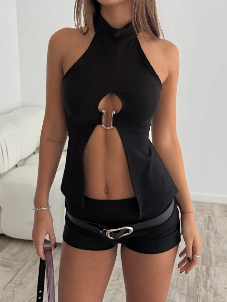 Tops de Anel em Metal em Formato de N com Decote nas Costas, Sem Mangas, Botões Halter Sexy e Charmoso para Mulheres - Roupas Midnight
