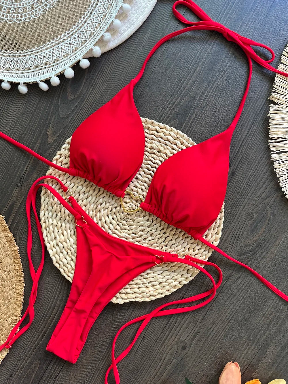 Conjunto de Biquíni Sexy Halter de Cor Sólida RUOTONSEPT, maiô feminino de duas peças, com triângulo e fio dental, traje de banho estilo brasileiro.