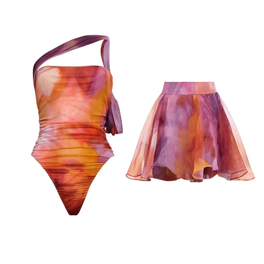 Maiô Com Um Ombro e Capa Sexy Biquíni Feminino, Biquíni Floral com Push Up, Roupa de Banho Feminina, Conjunto de Praia