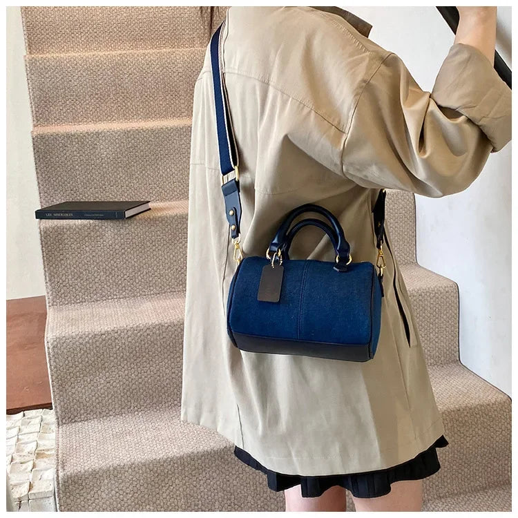 Cross Body Bags Casual Street Small Boston Bag 2025 Designer Purses Patchwork Colorblock Mini Handbags For Women Denim Shoulder