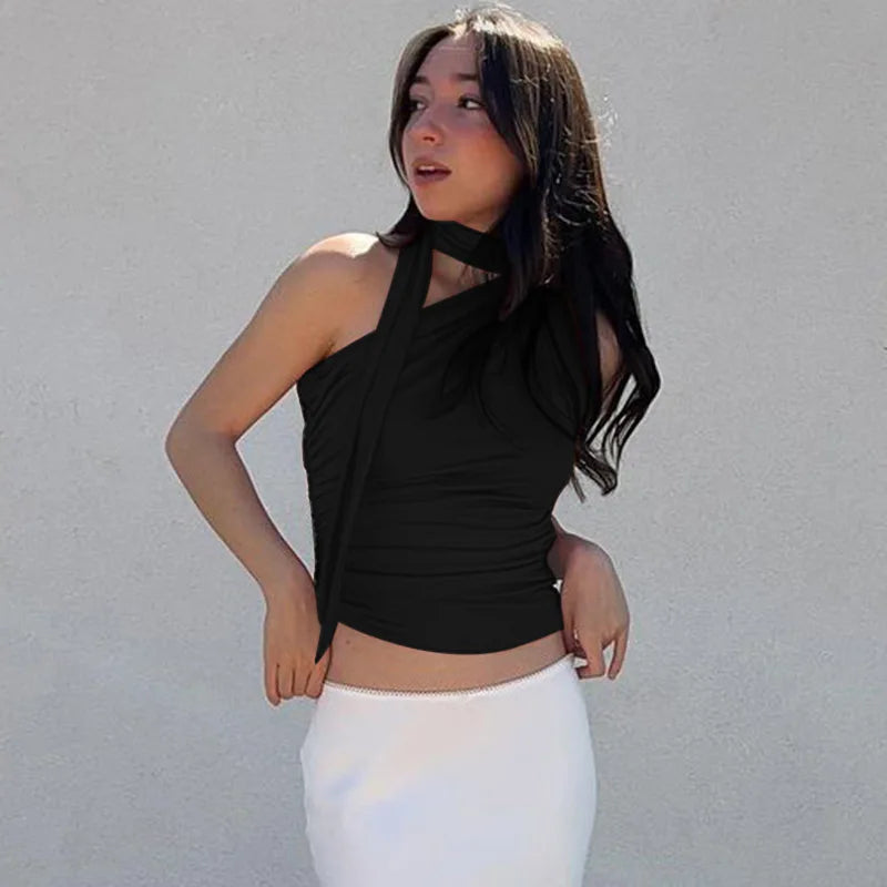 Top Crop Sem Costas Sexy Off Shoulder Halter para Mulheres, Vintage, Sem Mangas, Roupas Y2K para Clubes, Casual Feminino Verão 2024