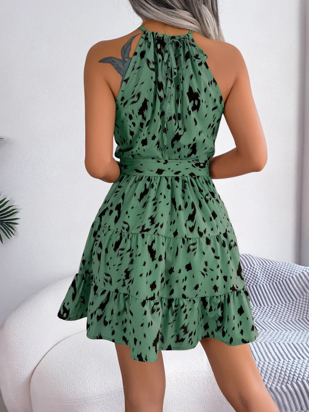 Vestido de Verão Casual Sem Mangas com Estampa de Leopardo, com Ruffles, Sexy, Tipão Halter, para Praia, Estilo A-Line, Vestido Curto 2025