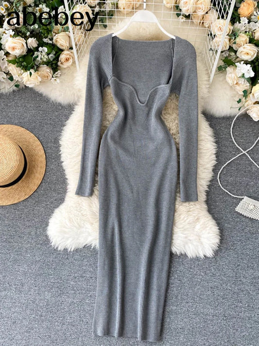 Vestidos para mulheres 2026 vestido justo sem alças em tricô canelado sexy, vestido de suéter midi de manga longa para o inverno