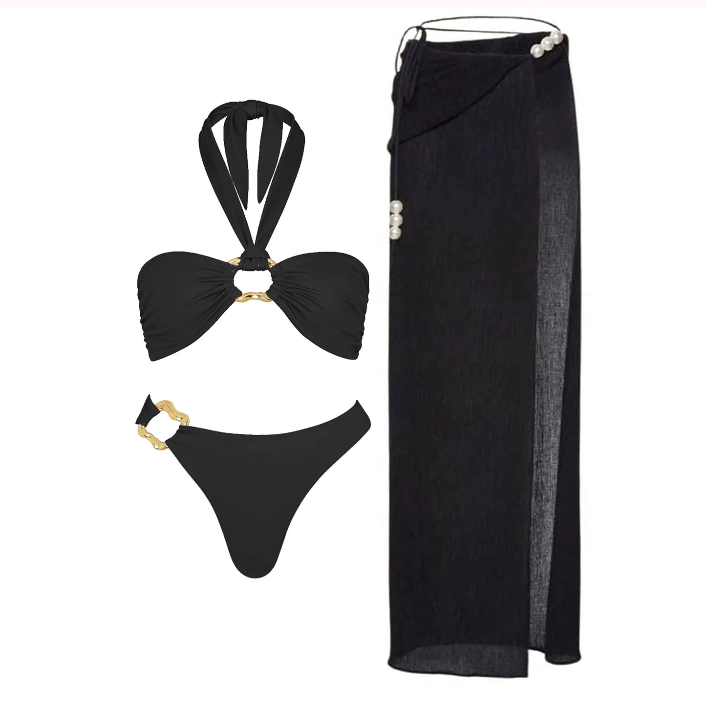 Conjunto de Biquíni Sexy com 3 Peças e Capa, Biquíni Branco com Pérolas, Maiô Feminino Halter, Roupa de Banho com Ombros Descidos, Biquíni para Praia