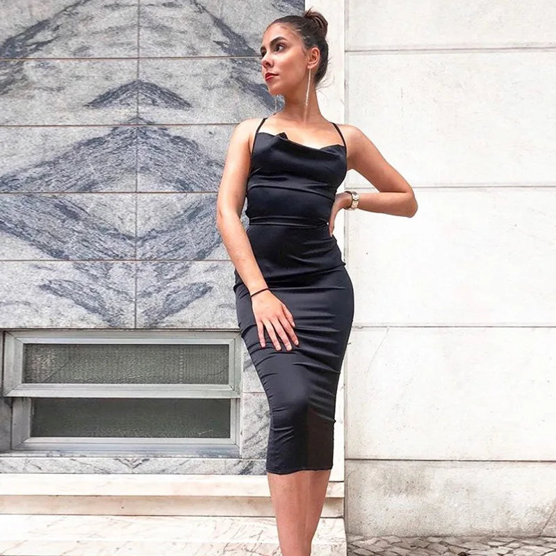 Vestido Midi Longo de Renda Cetim Neon Rosa Claro com Amarração nas Costas, Elegante, Sexy para Festas e Clubes, Roupas de Jantar de Verão 2022