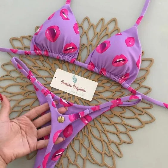 Novo Biquíni Feminino com Estampa Dividida - Moda G-string para Praia e Férias