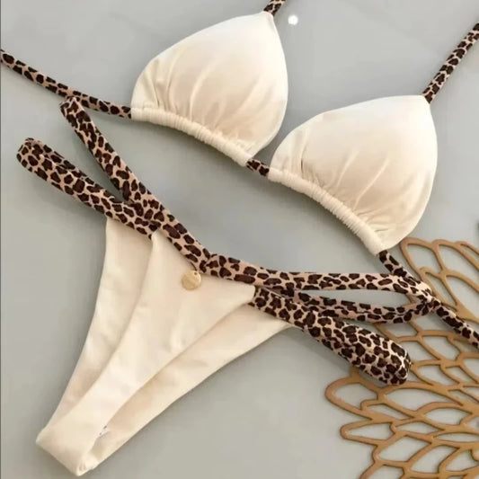 Novo Biquíni Feminino Sunga de Praia Férias Roupa de Banho Conjunto de Biquíni Estampado de Leopardo Roupa de Praia Sunga Biquíni