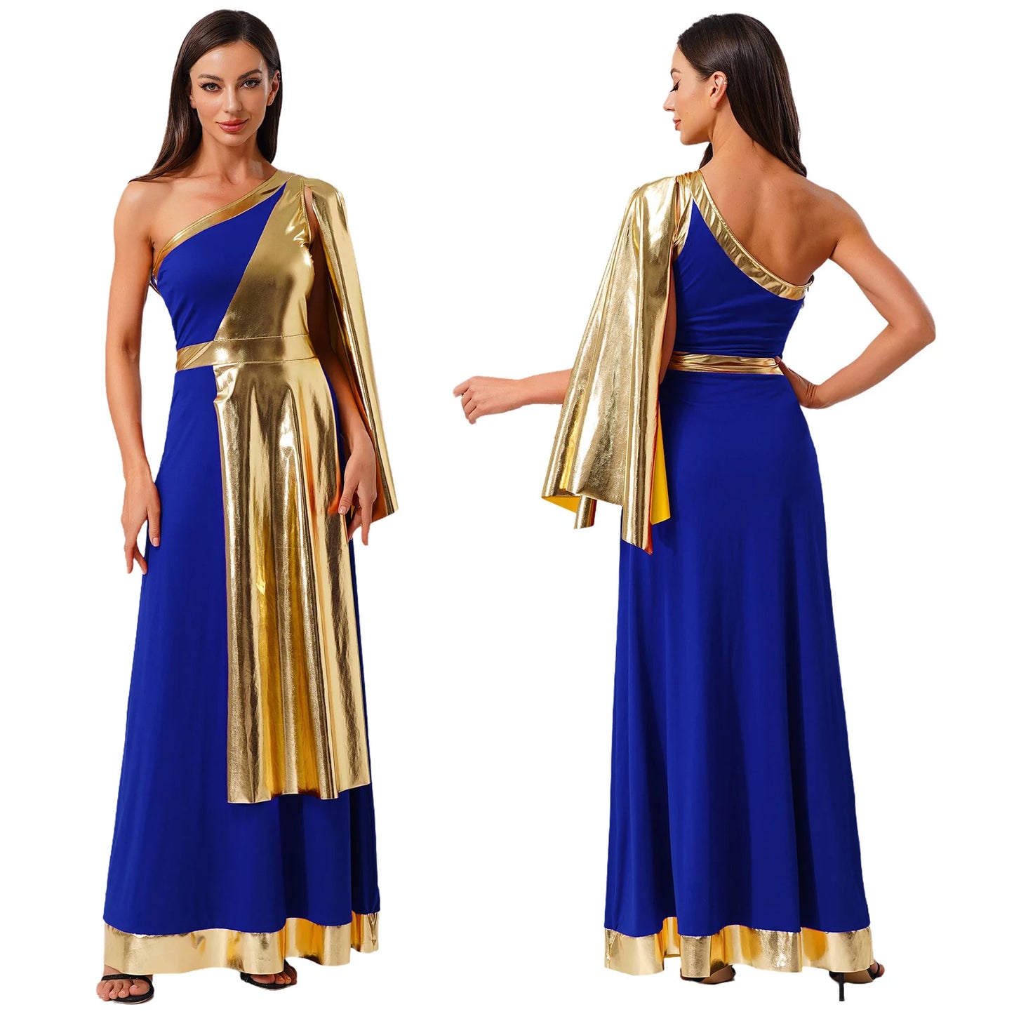 Vestido de Dança Lirica Cristã Feminina Fantasia de Halloween Vestido de Beleza Antiga Grega Romana Cosplay Túnica Tecido Metálico Brilhante Camada Toga