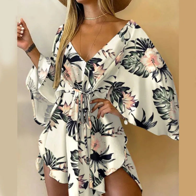 Vestido Estampado Feminino Sexy Com Decote em V, Manga Bat, Renda e Estampa de Flores, Vestido Boêmio de Praia, Vestido Mini Solto para Verão e Férias
