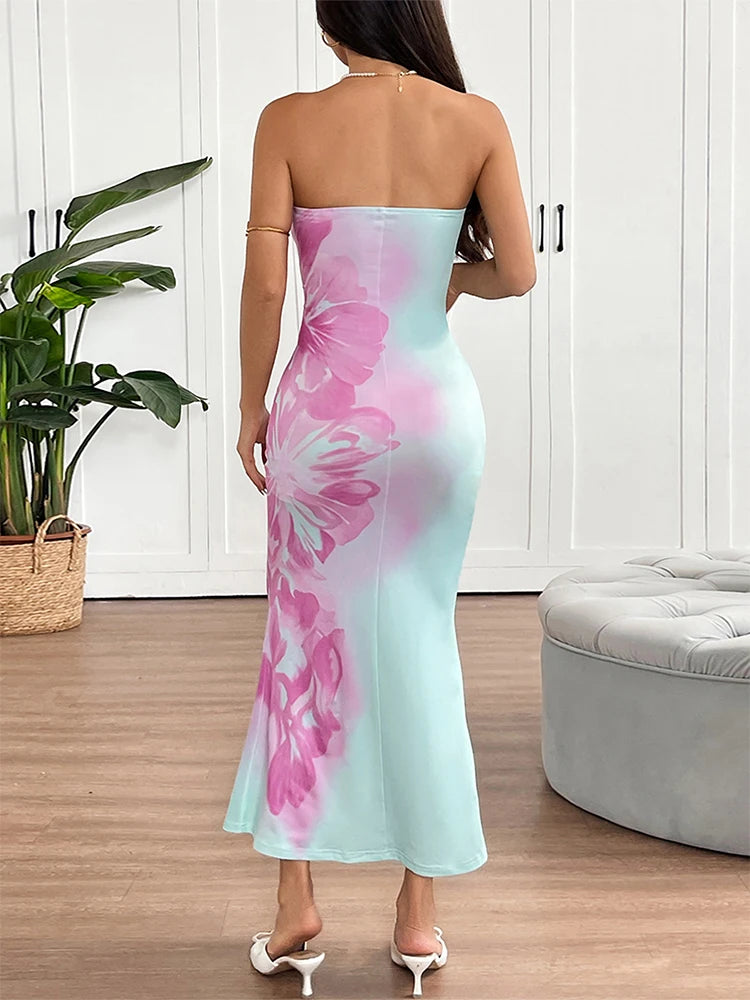 Vestidos de Verão Femininos Nova Moda Streetwear Impressão Casual Vestido Maxi Slim Sexy Elegante Feminino Costas Nua Sem Alças Roupas
