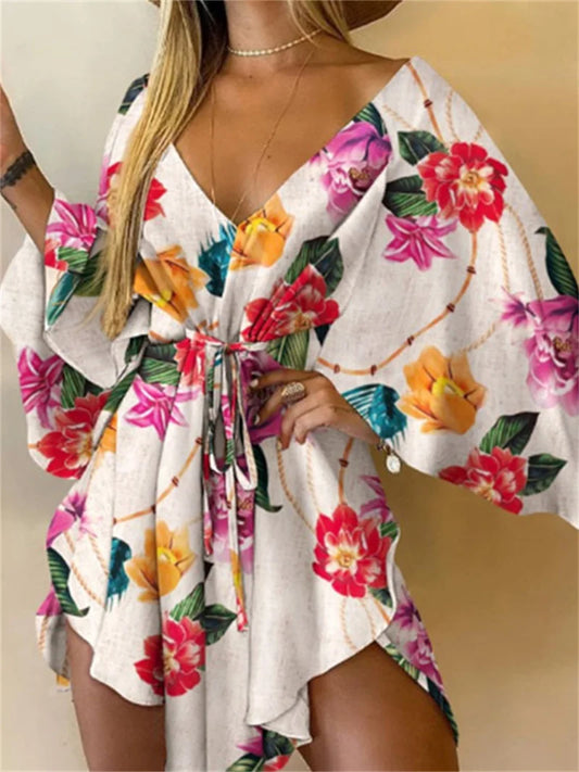 Vestido Estampado Feminino Sexy Com Decote em V, Manga Bat, Renda e Estampa de Flores, Vestido Boêmio de Praia, Vestido Mini Solto para Verão e Férias